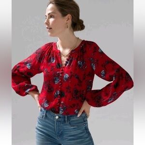 WHBM Sz S Red Blue Floral LS High Low Hem Button Up Top Crinkle Rayon Office